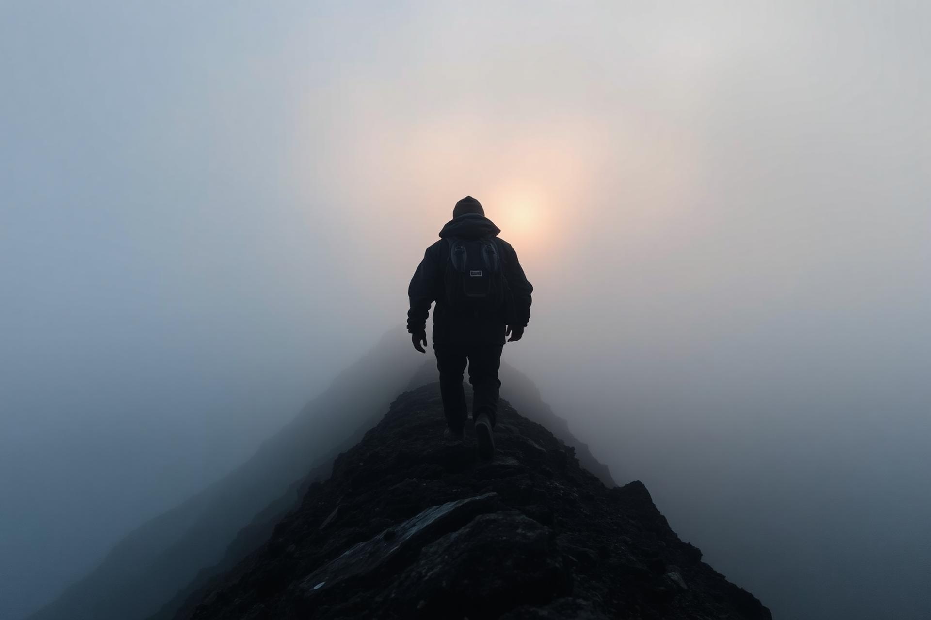 A lone figure walking a mist-covered mountain ridge at first light